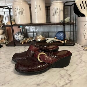 Clarks Maroon Leather Mules with Buckle